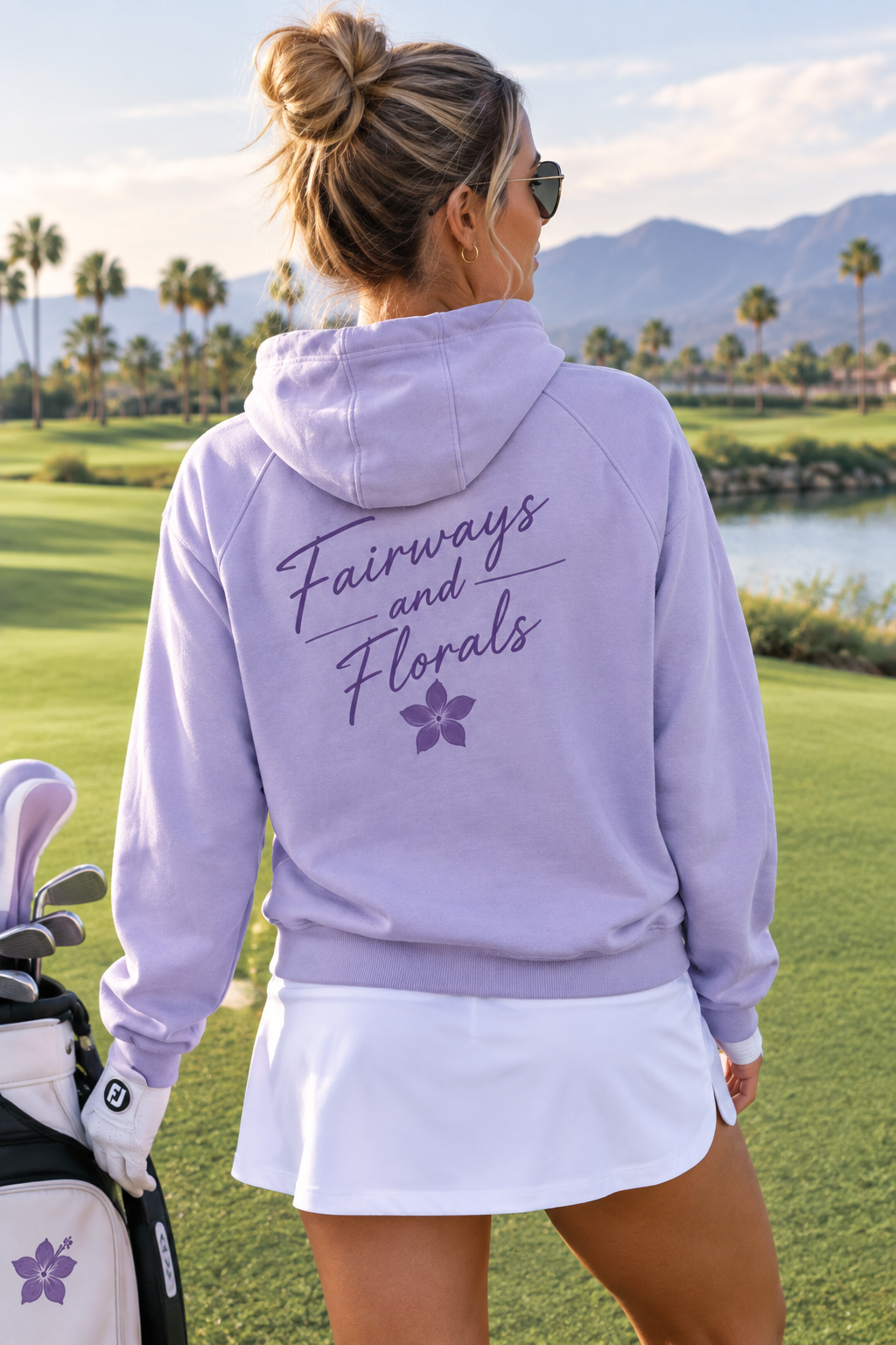 Fairways and Florals Hoodie in Lavender – back view with Fairways and Florals script
