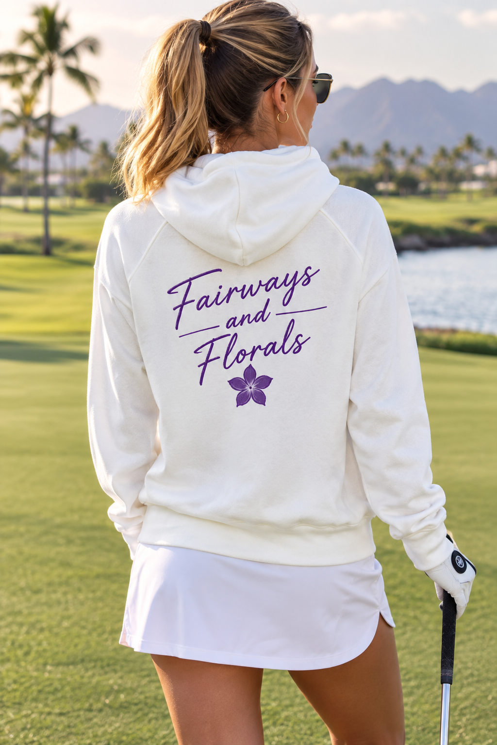 Fairways and Florals Hoodie in White – back view with Fairways and Florals script